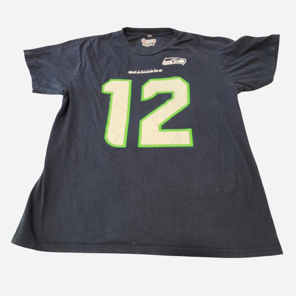 Navy blue Seattle Seahawks NFL t-shirt with white number 12 with green outline